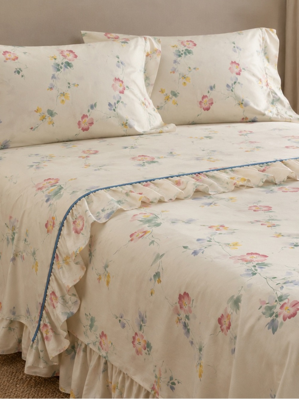 Cream Floral Ruffled Sheet Set - Soft Pastel Bedding